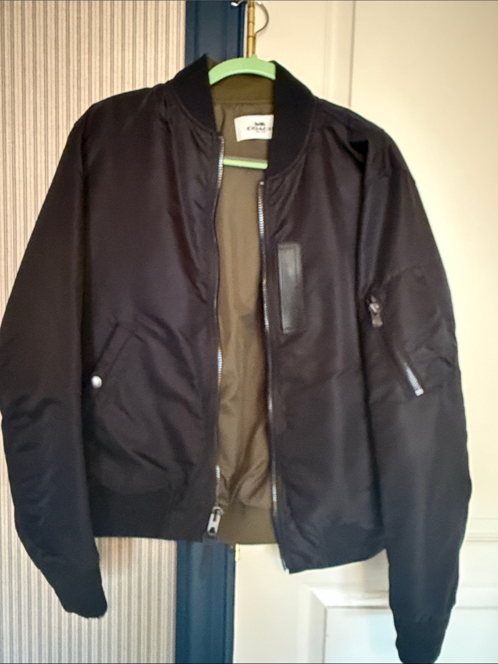 Coach Black Bomber Jacket with Olive Lining